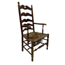 19th century fruitwood ladder back arm chair 
