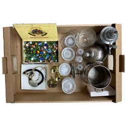 Military buttons, The Royal Scots car badge, silver-plated bottle stand, set of three small glass bottles (one a/f), marbles, other glass etc in one box