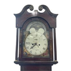 Mid Victorian 8-day mahogany longcase clock with a painted dial and moon phase disc to the break arch, convex dished dial with Roman numerals, and minute markers, makers name indistinct, non-matching stamped brass hands, calendar aperture and seconds dial, spandrels depicting the four seasons, veneered mahogany case with a swans neck pediment and inlay,  canted corners to the trunk with a wavy topped door, square plinth and applied skirting, rack striking movement with a Walker and Hughes cast false plate, striking the hours on a bell. With weights and pendulum.