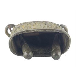Late 19th century Burmese Hka-Lauk Bell (cattle bell), of semi circular form with geometric and floral decoration, H9cm together with a Benin style bronze figure of a warrior (2)