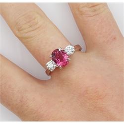 18ct white gold three stone oval pink tourmaline and round brilliant cut diamond ring, hallmarked, tourmaline approx 2.60 carat