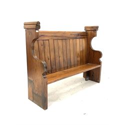 Early 20th century pitch pine church pew, with tongue and groove board back W155cm, H124cm, D45cm