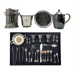 Early 20th century silver-plated ice bucket engraved with a family crest, Victorian silver-plated bottle coaster, early 20th century silver twin-handled dish inset with a Devonshire Regiment medallion, Birmingham 1919, silver pendant necklace and other silver-plated items 