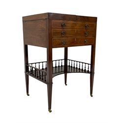 George III mahogany and satinwood banded enclosed washstand or dressing stand, the hinged top opens to reveal hinged adjustable mirror in satinwood frame and a combination of lidded compartments, two false drawers over single drawer, square tapering supports joined by undertier with turned balustrade gallery, brass cups and castors  