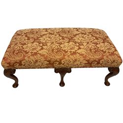 George II design mahogany double stool, padded seat upholstered in foliate patterned damask fabric, raised on six cabriole supports with scroll carved brackets and pad feet
Provenance: From the Estate of the late Dowager Lady St Oswald