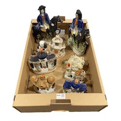 Victorian and later Staffordshire figures including two models of Dick Turpin and two Spaniels, together with a pen stand and pastille burners