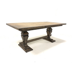 Rustic oak rectangular twin pedestal dining table, each pedestal raised on stepped rectangular base, 200cm x 100cm, H77cm