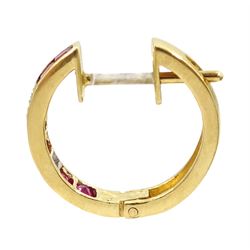 Pair of 18ct gold calibre cut ruby and round brilliant cut diamond hoop earrings, stamped 750