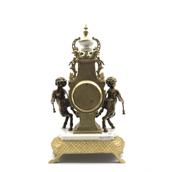 Italian gilt metal and white marble figural mantel clock, ornately decorated case, twin train movement striking on two bells, H60cm, W35cm