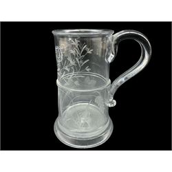 19th century ale glass etched with hops , initialled and with loop handle H16cm