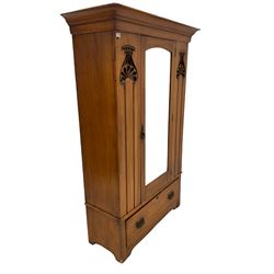 Edwardian satin walnut wardrobe with one central mirror and interior fitted for hanging, together with a satin walnut mirror backed dressing chest with three graduated drawers 
