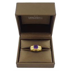 18ct gold single stone emerald cut amethyst ring by Lister Horsfall, hallmarked, boxed with receipt