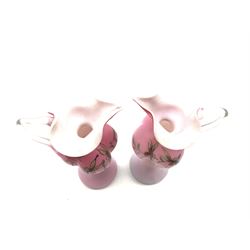 Pair of 19th/ early 20th century pink satin glass ewers painted with floral sprays, H24cm 