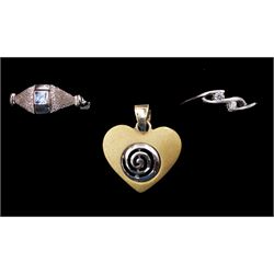 Two 14ct white gold stone set rings and a 14ct yellow and white gold heart pendant 