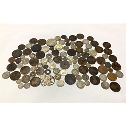 18th Century and later Great British and World coins including, Queen Victoria bun head pennies, King George V 1935 crown, small number of other pre 1947 silver coins, 1986 and 1989 two pound coins, France 1931 ten francs, Austria 1925 shilling etc