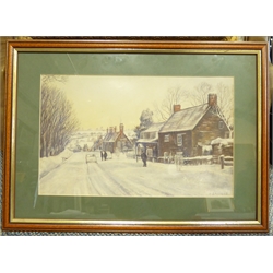  Jon Peaty (British 1914-1991): 'Thorgill' Pickering, oil on board signed, titled and dated 1981 verso, Mike Jeffries (British 1939-): Figure by a Thatched Cottage, oil on panel signed, and a print of a village in winter, max 27cm x 38cm (3)  Notes: Peaty lived in Westow, Ryedale and was an active member of the local art community, offering painting lessons in Sandsend  