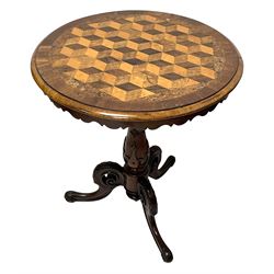 Late Victorian walnut tripod table, circular moulded top inlaid with parquetry cube work in rosewood, elm and fruitwood with yew wood and walnut bands, the top with shaped skirt, on carved pedestal with three splayed and pierced supports, scroll and leaf carved terminals