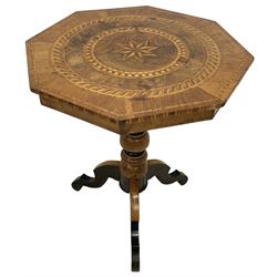 Late 19th century Italian Sorrento walnut centre table, the octagonal marquetry top inlaid with a central eight pointed star, within concentric geometric satinwood inlay bands formed of lozenges and chequered stringing, raised on a turned ebonised pedestal with inverted cups inlaid with feathered and chequered bands of contrasting veneer, the shaped cabriole legs decorated with stylised palm parquetry, terminating in silhouette supports