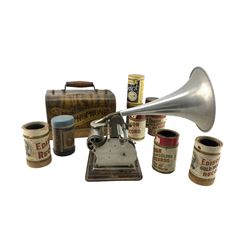 Early 20th century 'The Graphophone', by the Columbia Phonograph Company, with aluminium horn in oak case and with nine cylinders