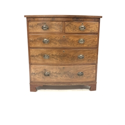 Victorian mahogany bow front chest, fitted with two short and three long graduated drawers, raised on shaped bracket supports, W106cm, H112cm, D56cm