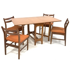 Set four 1970s teak framed dining chairs with upholstered seats and a teak drop leaf dining table, H74cm, 144cm x 83cm (open) 