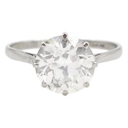 Platinum single stone old cut diamond ring with heart shaped gallery, stamped Plat, diamond approx 2.70 carat 