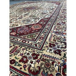 Vintage Persian Tabriz rug, traditional Tabriz geometric design on ivory field with red spandrels 