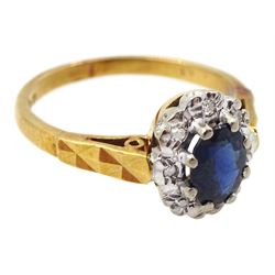 18ct gold oval sapphire and diamond cluster ring, London 1970