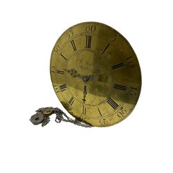 Skelton of Malton - 18th century 30-hour countwheel striking movement and dial, with a 13 inch diameter formerly silvered brass dial, Roman numerals, minute track and Arabic five minutes, with matching steel hands and calendar dial,  chain driven movement with a recoil anchor escapement. No pendulum weight or seat board.

