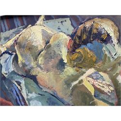 Sharman Green (British Contemporary): Nude Female Sunbathing on Beach, oil on board signed and dated 2002, 41cm x 55cm
