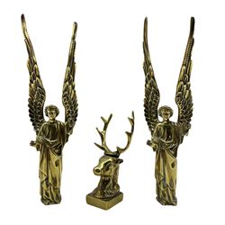 Pair of Victorian brass angels H21cm, together with a brass model of a Stag (3)