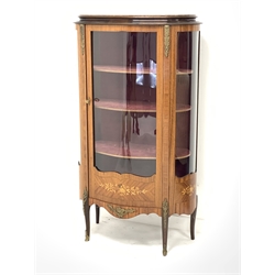 Late 20th century French walnut and kingwood vitrine display cabinet, serpentine front, single glazed door with floral inlay, decorative cast brass fittings, W83cm, H139cm, D37cm