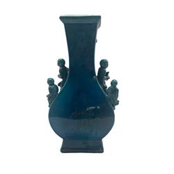 18th/19th century Chinese turquoise glazed 'Boys' vase, square section form applied with children in various poses, unmarked H28cm 