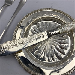 Set of eight silver three pronged forks Sheffield 1952, glass butter dish in a silver frame, silver bladed and mother of pearl butter knife and three plain silver butter knives Weighable silver 8.7oz
