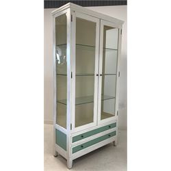 White painted glazed cabinet with two glass shelves and two drawers under W99cm, H195cm, D41cm 