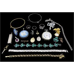 9ct gold jewellery including locket pendant, pearl pendant, paste cluster ring and links, silver jewellery including marcasite cat brooch, Wedgewood, bangle, cylinder pocket watch etc, and other jewellery