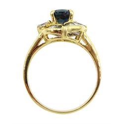 Gold oval sapphire and vari-cut diamond cluster ring, stamped 18ct 750, sapphire approx 1.10 carat, total diamond weight approx 1.00 carat