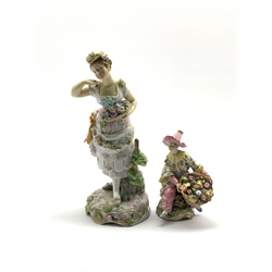  Rudolstadt female figure holding a basket of flowers H25cm and another Continental figure holding flowers H13cm  
