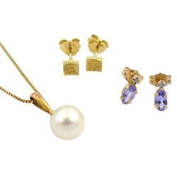 Pair of 14ct gold oval tanzanite and diamond stud earrings, pair of 18ct gold stud earrings and a 9ct gold pearl pendant necklace