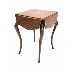 Early 20th century French kingwood marquetry occasional table, the square top with four shaped drop leaves with applied brass edge, raised on slender shaped supports with floral cast metal mounts to shoulder and sabot feet 55cm x 55cm, H76cm