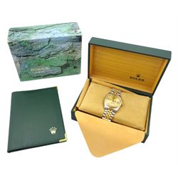 Rolex Oyster Perpetual Datejust gentleman's automatic wristwatch, circa 1993, Ref. 16233, serial No. S625156, champagne dial with diamond set hour markers, on stainless steel and gold Jubilee bracelet, with fold-over clasp, boxed with papers