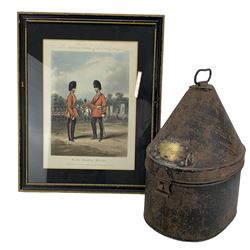 19th century officer's helmet tin with a brass plate inscribed 'Lord Montagu' and a coloured print 'Scots Fusilier Guards' from Ackermann's Costume of the British Army (2)