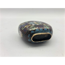 Chinese Cloisonne snuff bottle decorated with foliate scrolls throughout, H10cm