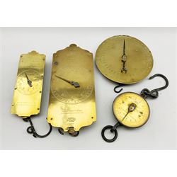 Leather strap hung with various brasses, two others, various brass skimmers and ladles, two small brass saucepans etc
