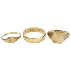 Gold signet ring, wedding and and heart shaped ring, all hallmarked 9ct