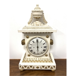  19th century white and gold painted mantel clock, the case with urn finial over egg and dart cornice, white painted dial with Arabic and Roman numeral chapter ring, eight day movement striking hammer on two bells, W39cm  