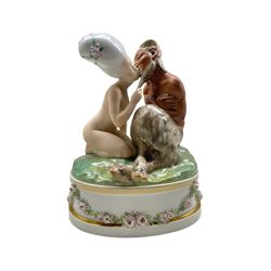 Royal Copenhagen overglazed group 'Faun and Nymph' designed by Gerhard Henning no. 1119, impressed and painted marks, dated 29.09.1961, H28cm
