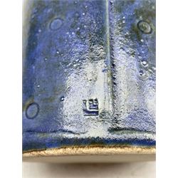 Lyn Lovitt (British 1941-): blue glazed and incised stoneware vase of shouldered form with flared rim, impressed seal H27.5cm 