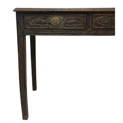 18th century oak side table with later carved decoration, rectangular top with carved lozenge and foliate decoration, fitted with two drawers, on square tapering supports with carved leafage and inner chamfer