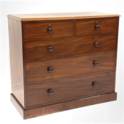 Victorian mahogany straight front chest, moulded top over two short and three long drawers, plinth base, W123cm, H108cm, D54cm